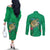 Hawaii Pikake and Maile Lei Couples Matching Off The Shoulder Long Sleeve Dress and Long Sleeve Button Shirt Honu Polynesian Pattern Green Color