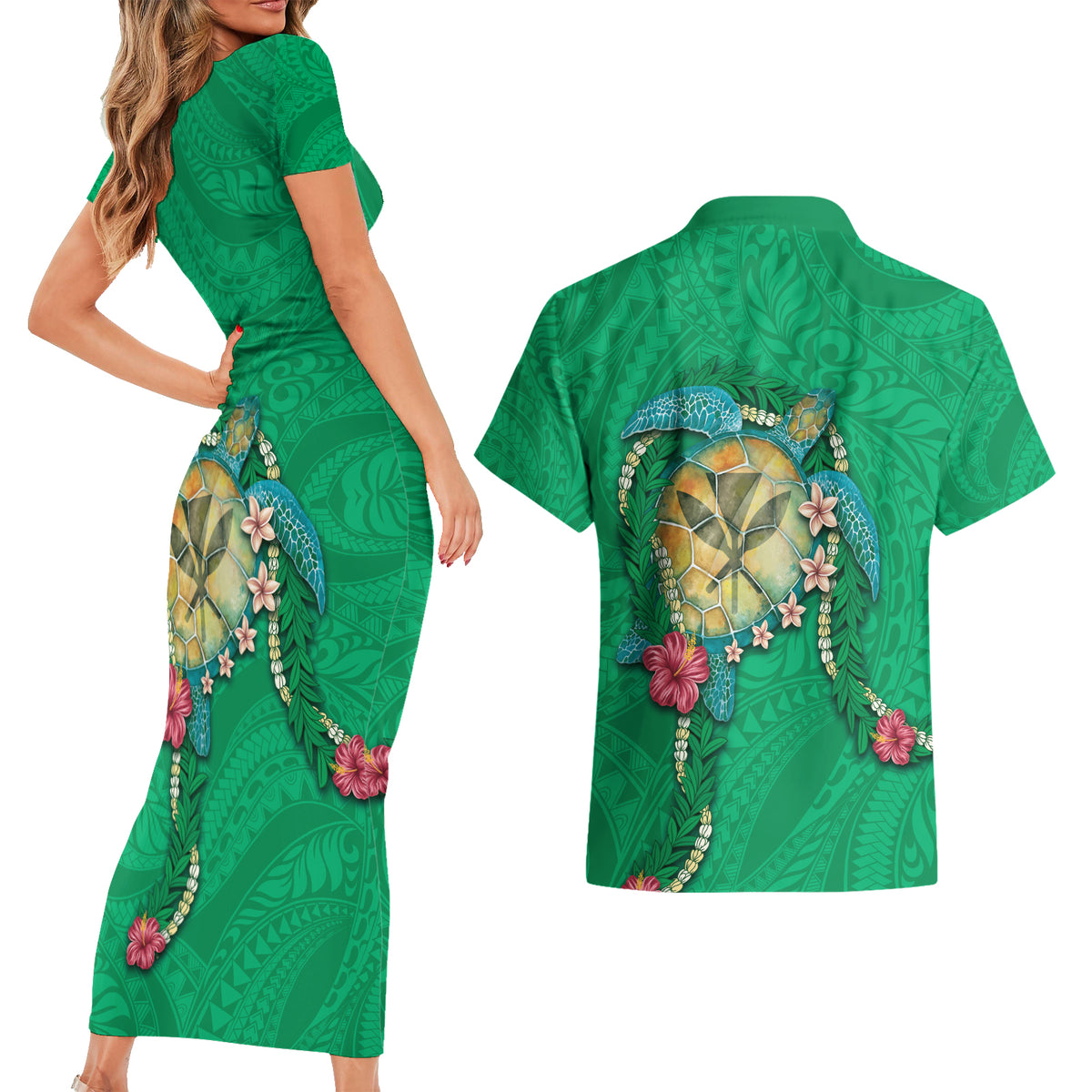 Hawaii Pikake and Maile Lei Couples Matching Short Sleeve Bodycon Dress and Hawaiian Shirt Honu Polynesian Pattern Green Color