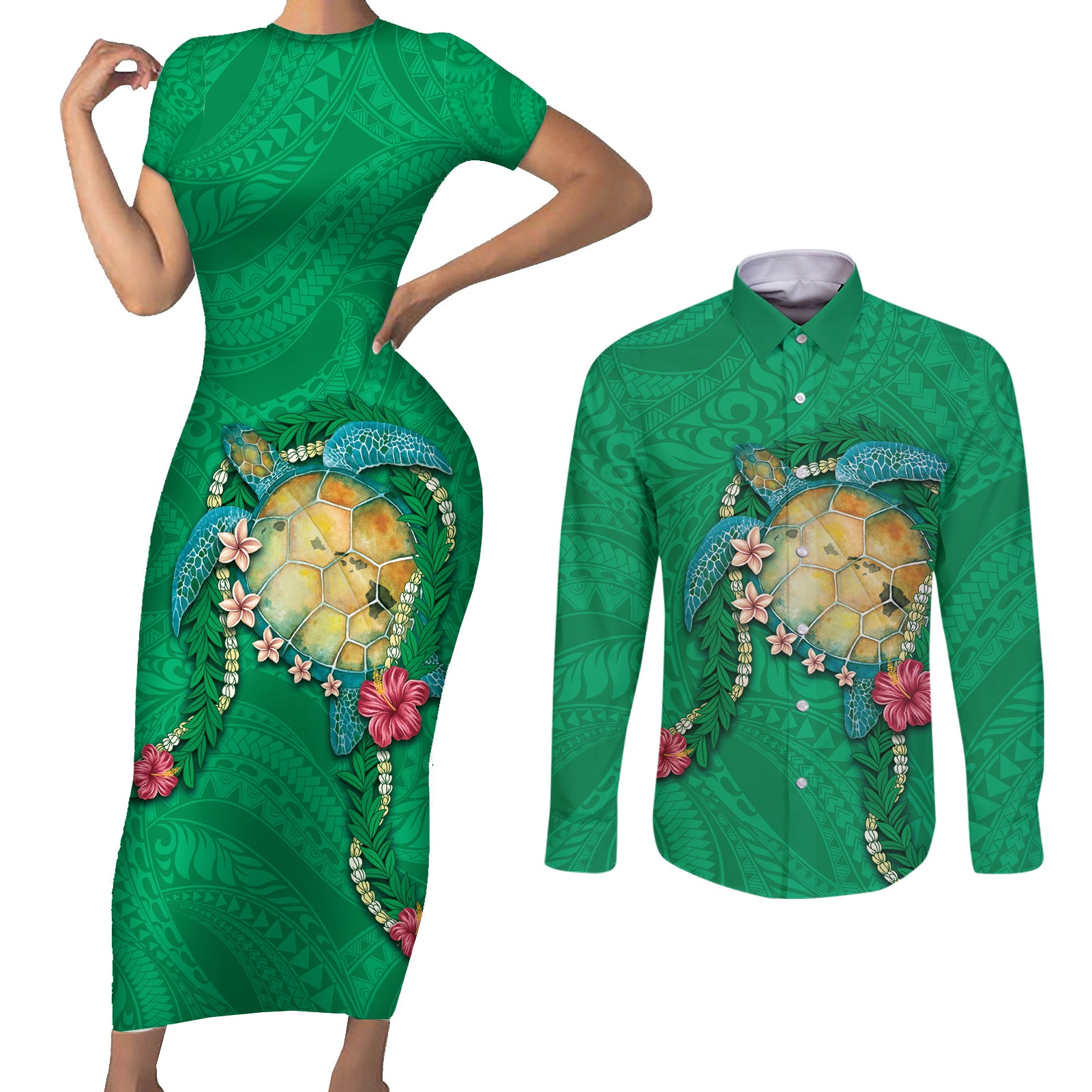 Hawaii Pikake and Maile Lei Couples Matching Short Sleeve Bodycon Dress and Long Sleeve Button Shirt Honu Polynesian Pattern Green Color