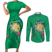 Hawaii Pikake and Maile Lei Couples Matching Short Sleeve Bodycon Dress and Long Sleeve Button Shirt Honu Polynesian Pattern Green Color LT03 Green - Polynesian Pride