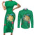 Hawaii Pikake and Maile Lei Couples Matching Short Sleeve Bodycon Dress and Long Sleeve Button Shirt Honu Polynesian Pattern Green Color