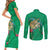Hawaii Pikake and Maile Lei Couples Matching Short Sleeve Bodycon Dress and Long Sleeve Button Shirt Honu Polynesian Pattern Green Color