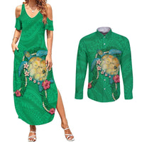 Hawaii Pikake and Maile Lei Couples Matching Summer Maxi Dress and Long Sleeve Button Shirt Honu Polynesian Pattern Green Color LT03 Green - Polynesian Pride
