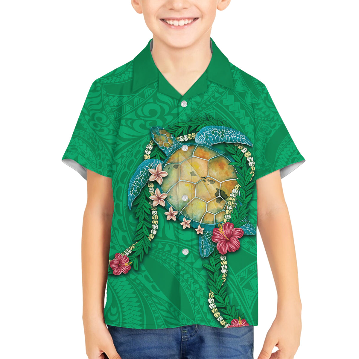 Hawaii Pikake and Maile Lei Family Matching Off The Shoulder Long Sleeve Dress and Hawaiian Shirt Honu Polynesian Pattern Green Color LT03 Son's Shirt Green - Polynesian Pride