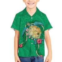 Hawaii Pikake and Maile Lei Family Matching Off The Shoulder Long Sleeve Dress and Hawaiian Shirt Honu Polynesian Pattern Green Color LT03 Son's Shirt Green - Polynesian Pride