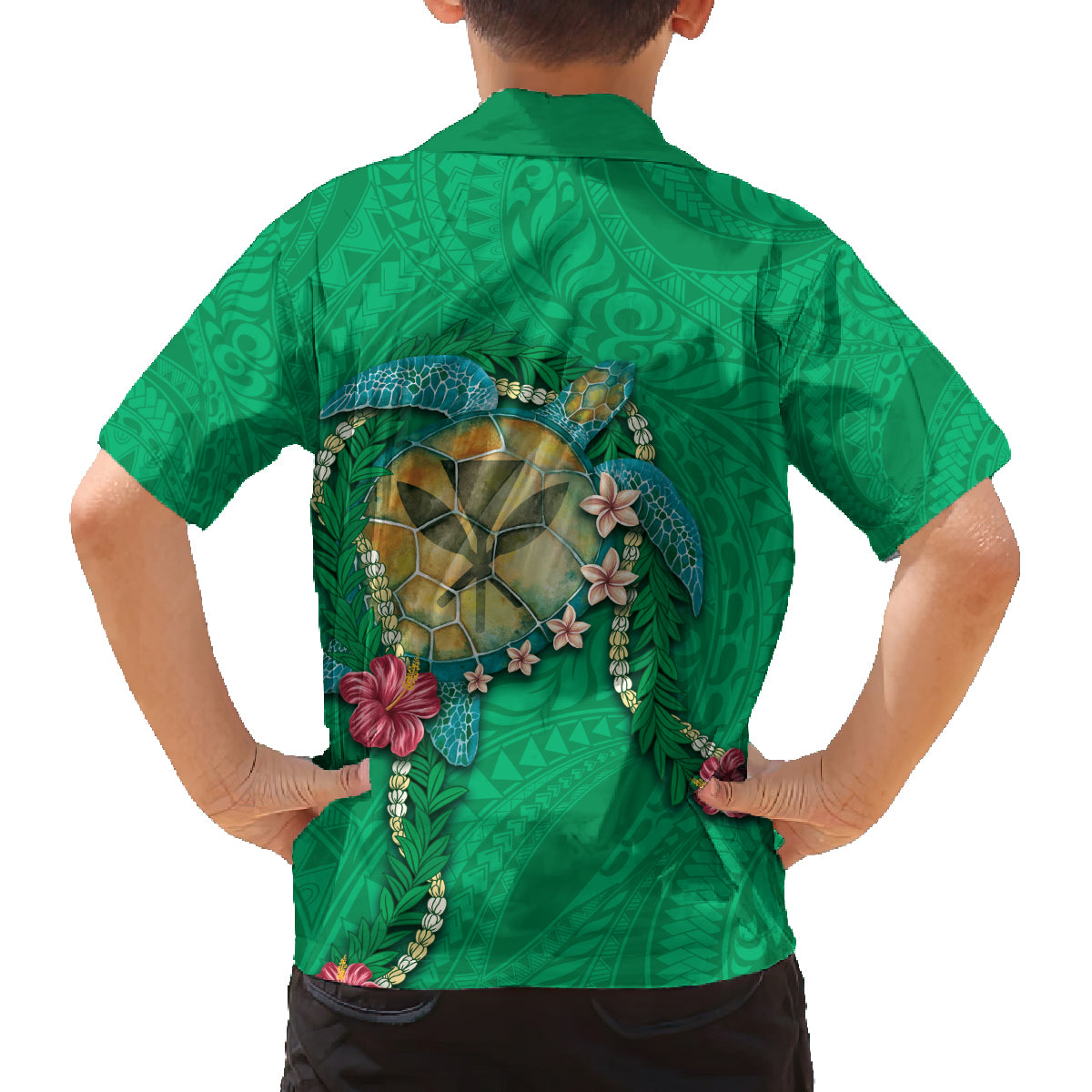 Hawaii Pikake and Maile Lei Family Matching Off Shoulder Short Dress and Hawaiian Shirt Honu Polynesian Pattern Green Color LT03 - Polynesian Pride