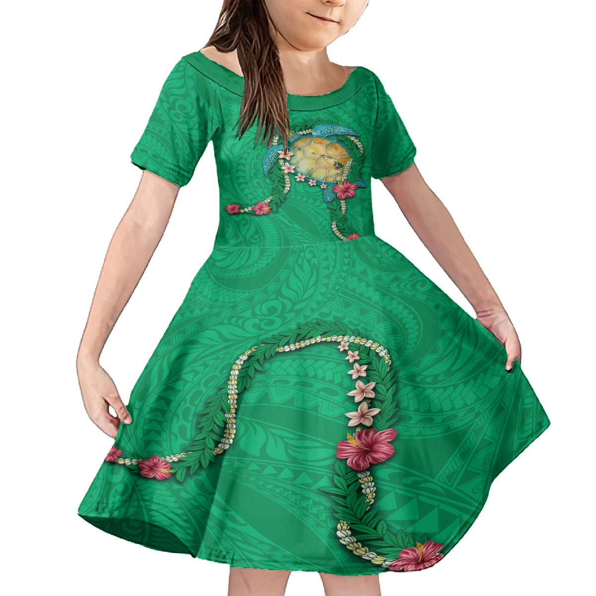 Hawaii Pikake and Maile Lei Family Matching Off Shoulder Short Dress and Hawaiian Shirt Honu Polynesian Pattern Green Color LT03 Daughter's Dress Green - Polynesian Pride