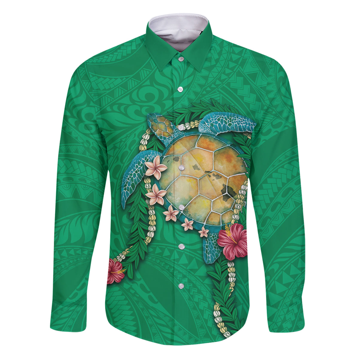 Hawaii Pikake and Maile Lei Family Matching Puletasi and Hawaiian Shirt Honu Polynesian Pattern Green Color
