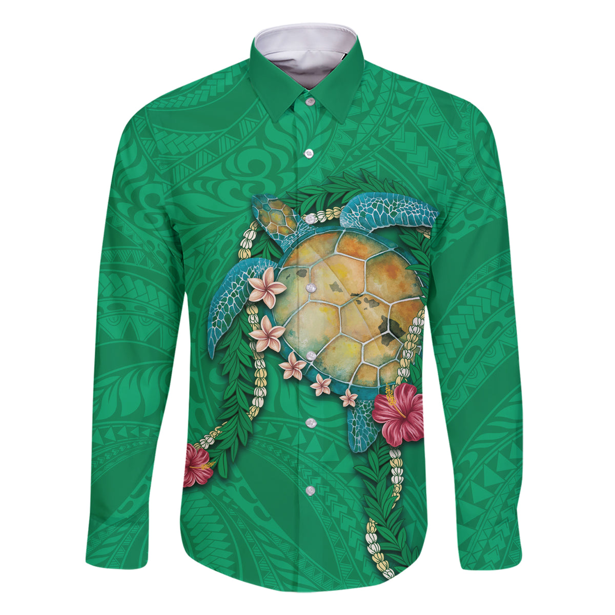 Hawaii Pikake and Maile Lei Family Matching Short Sleeve Bodycon Dress and Hawaiian Shirt Honu Polynesian Pattern Green Color LT03 Dad's Shirt - Long Sleeve Green - Polynesian Pride