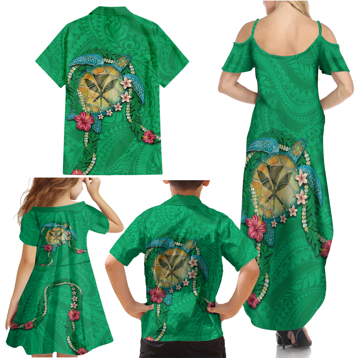 Hawaii Pikake and Maile Lei Family Matching Summer Maxi Dress and Hawaiian Shirt Honu Polynesian Pattern Green Color LT03 - Polynesian Pride