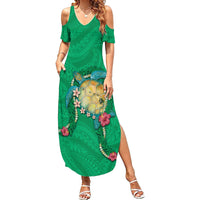 Hawaii Pikake and Maile Lei Family Matching Summer Maxi Dress and Hawaiian Shirt Honu Polynesian Pattern Green Color LT03 Mom's Dress Green - Polynesian Pride