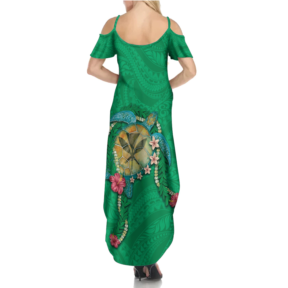 Hawaii Pikake and Maile Lei Family Matching Summer Maxi Dress and Hawaiian Shirt Honu Polynesian Pattern Green Color LT03 - Polynesian Pride