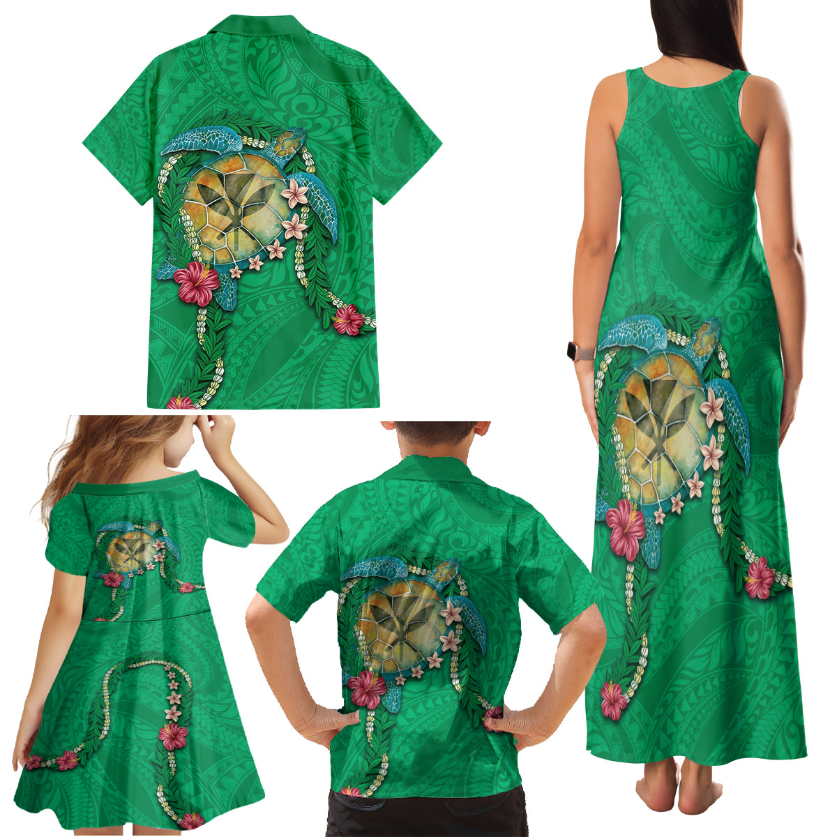 Hawaii Pikake and Maile Lei Family Matching Tank Maxi Dress and Hawaiian Shirt Honu Polynesian Pattern Green Color