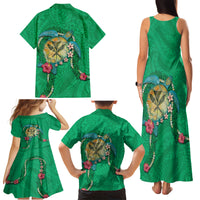 Hawaii Pikake and Maile Lei Family Matching Tank Maxi Dress and Hawaiian Shirt Honu Polynesian Pattern Green Color
