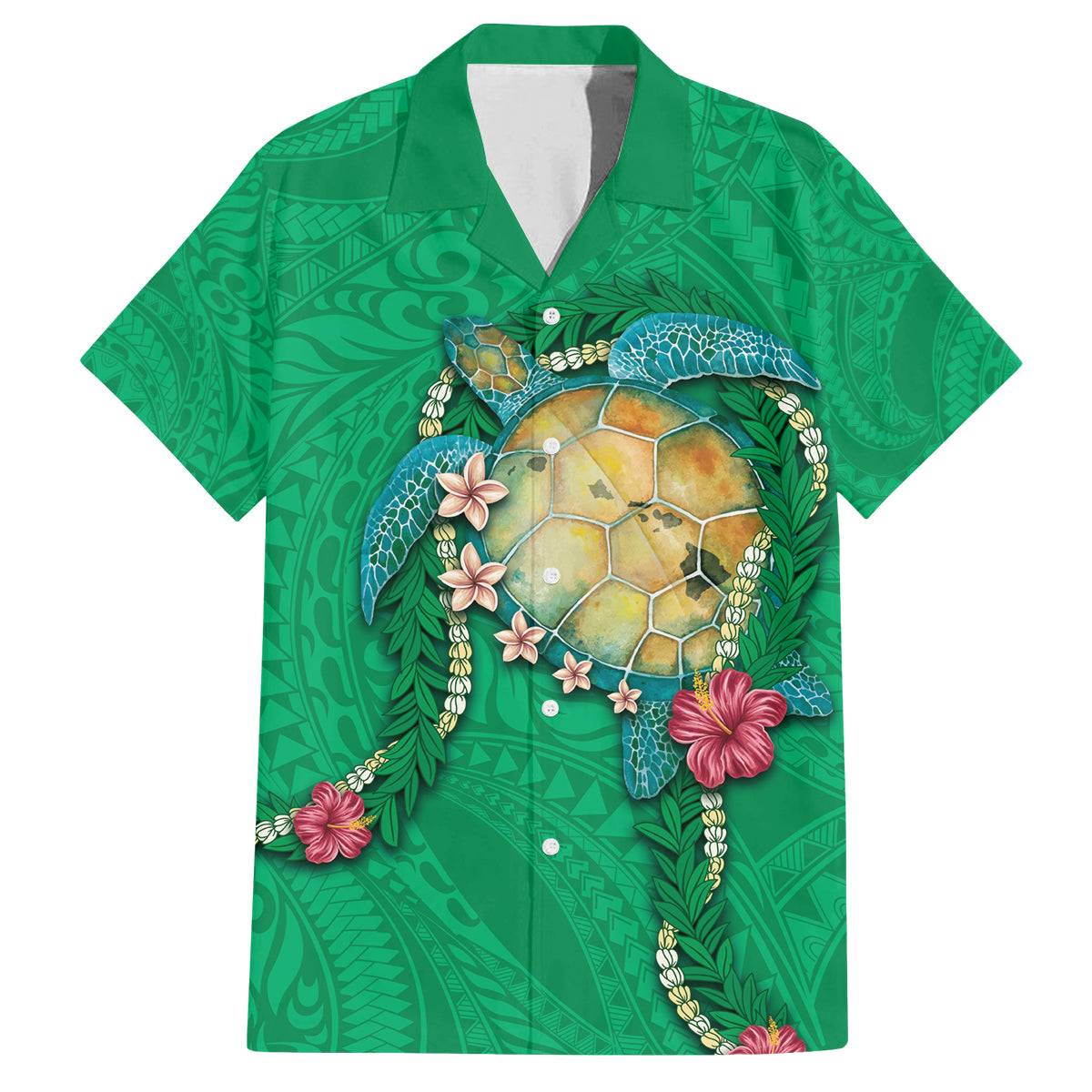 Hawaii Pikake and Maile Lei Family Matching Tank Maxi Dress and Hawaiian Shirt Honu Polynesian Pattern Green Color