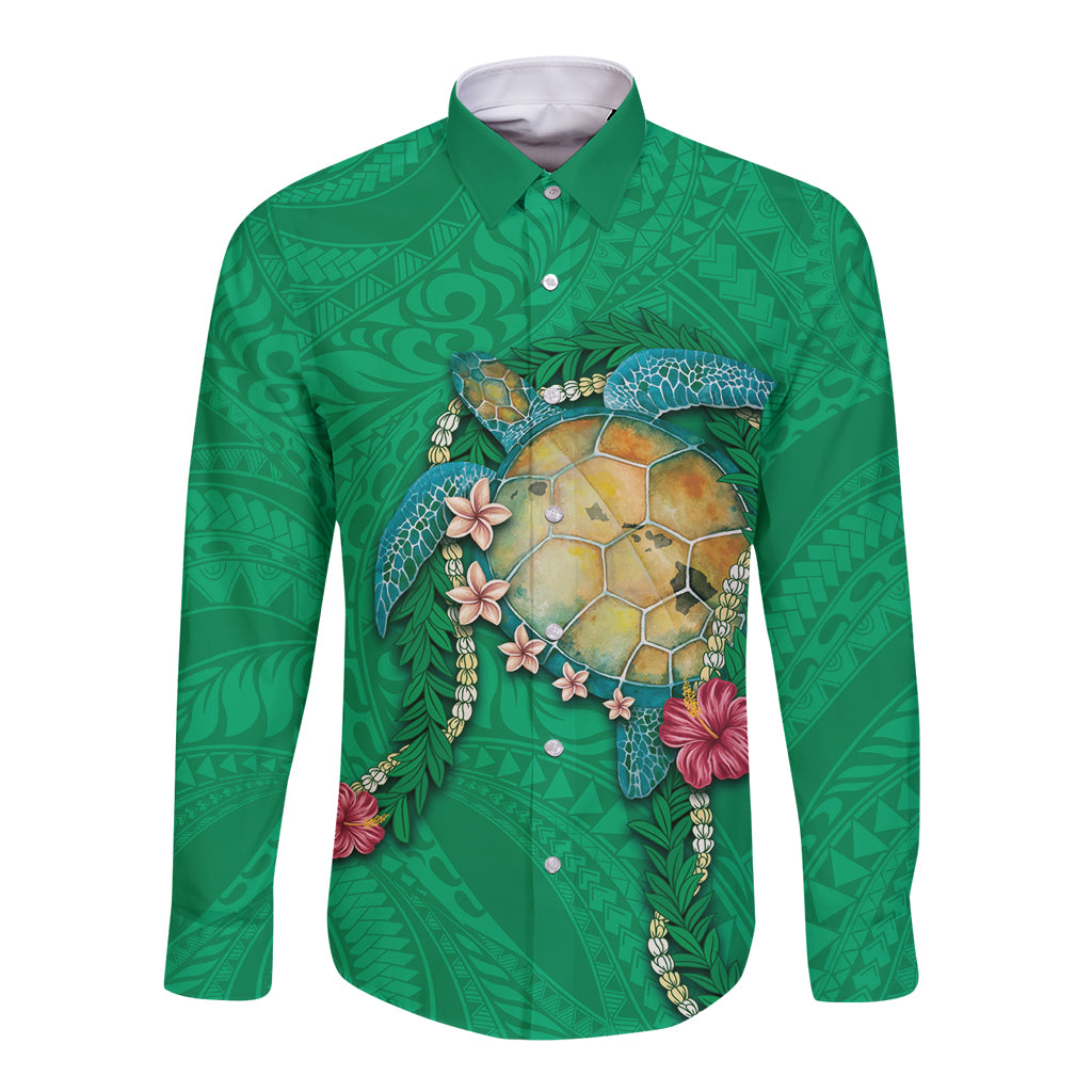 Hawaii Pikake and Maile Lei Long Sleeve Button Shirt Honu Polynesian Pattern Green Color LT03 Unisex Green - Polynesian Pride