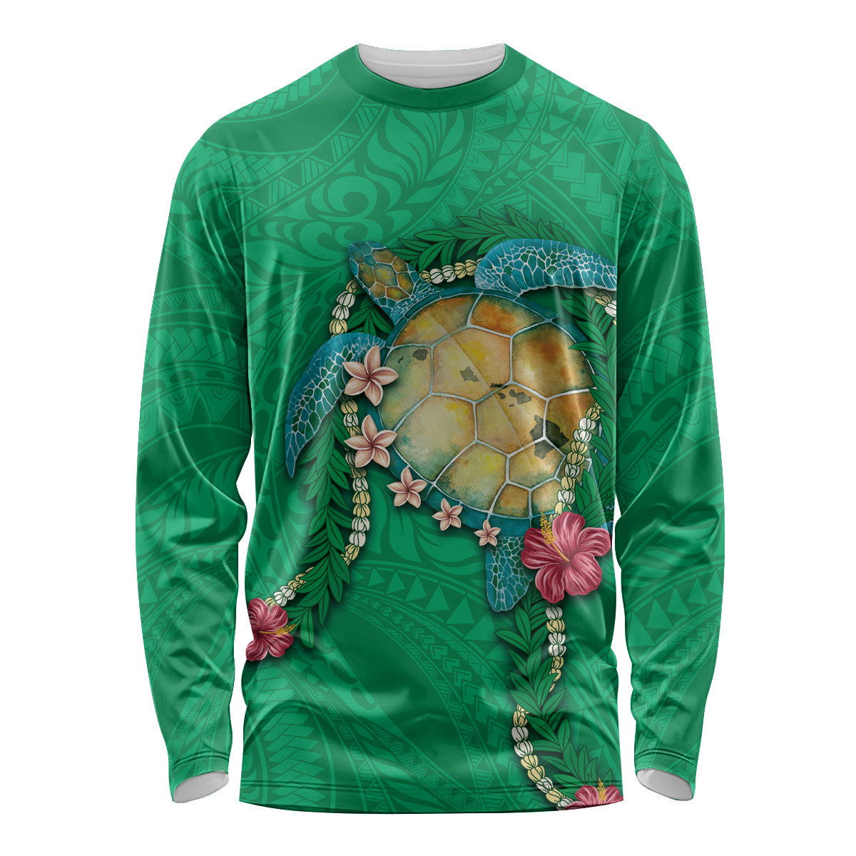 Hawaii Pikake and Maile Lei Long Sleeve Shirt Honu Polynesian Pattern Green Color LT03 Unisex Green - Polynesian Pride