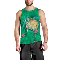 Hawaii Pikake and Maile Lei Men Tank Top Honu Polynesian Pattern Green Color
