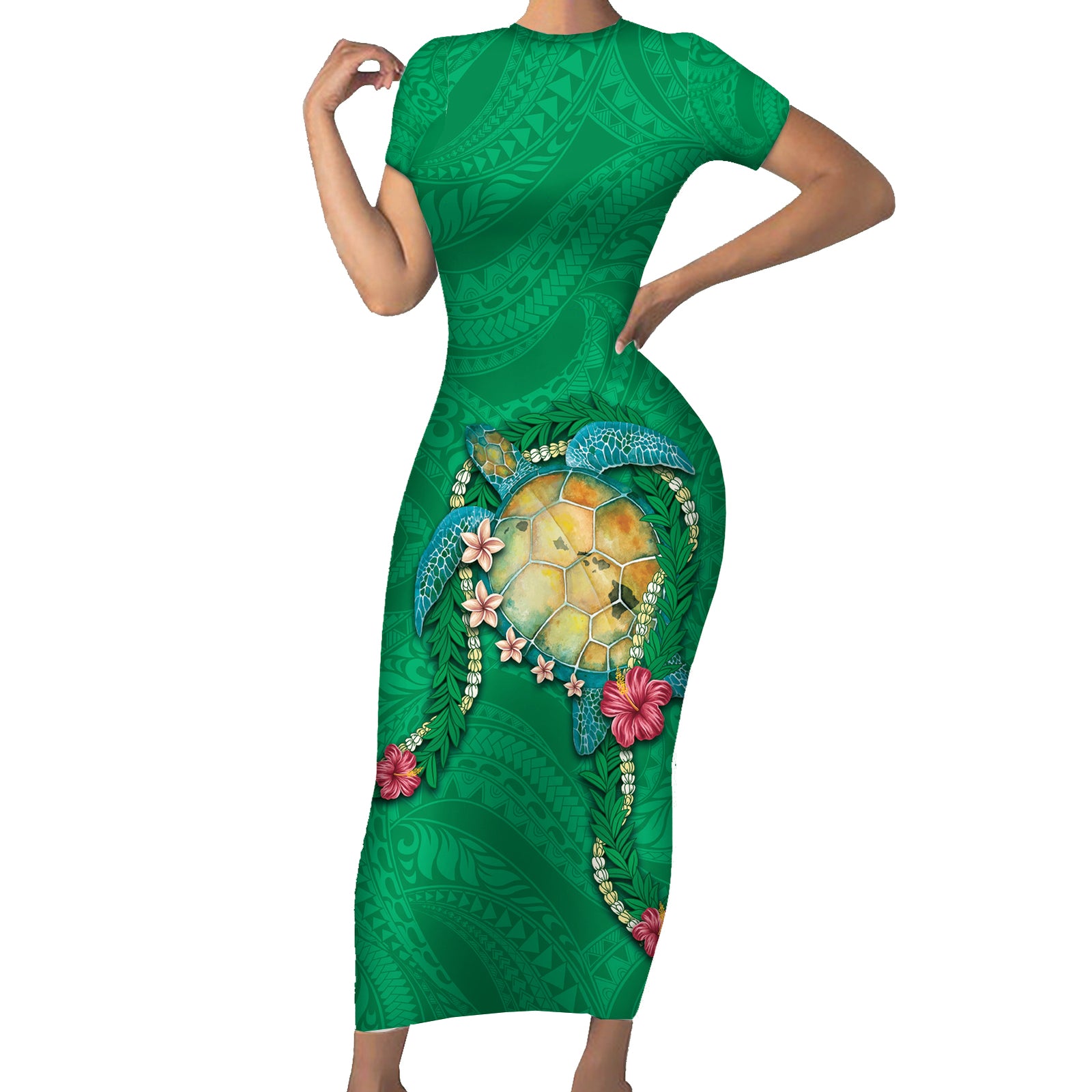 Hawaii Pikake and Maile Lei Short Sleeve Bodycon Dress Honu Polynesian Pattern Green Color