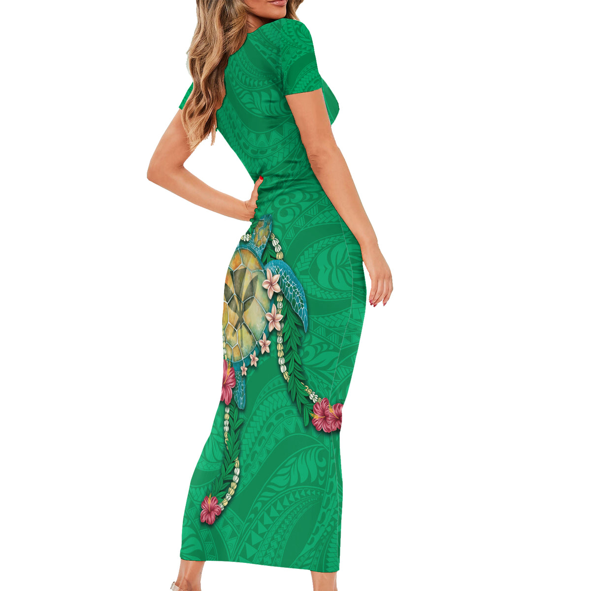 Hawaii Pikake and Maile Lei Short Sleeve Bodycon Dress Honu Polynesian Pattern Green Color