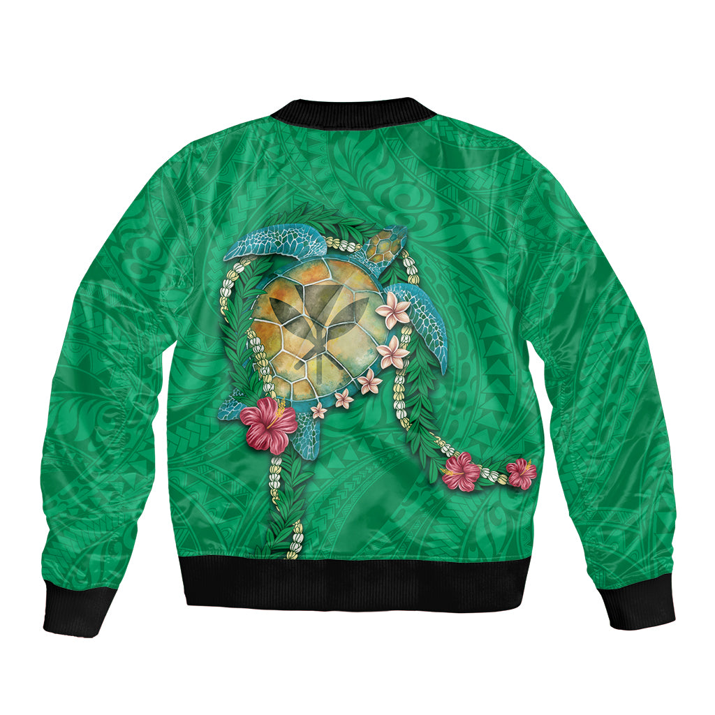 Hawaii Pikake and Maile Lei Sleeve Zip Bomber Jacket Honu Polynesian Pattern Green Color