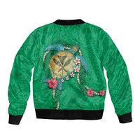 Hawaii Pikake and Maile Lei Sleeve Zip Bomber Jacket Honu Polynesian Pattern Green Color
