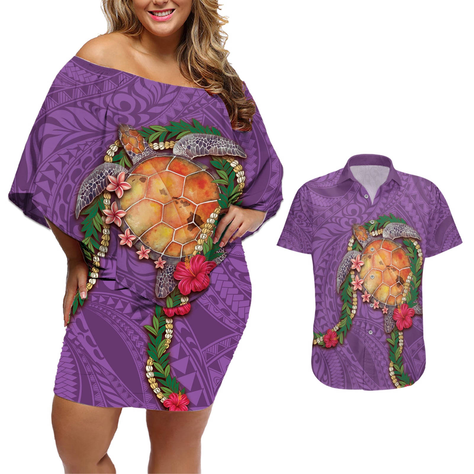 Hawaii Pikake and Maile Lei Couples Matching Off Shoulder Short Dress and Hawaiian Shirt Honu Polynesian Pattern Pink Color