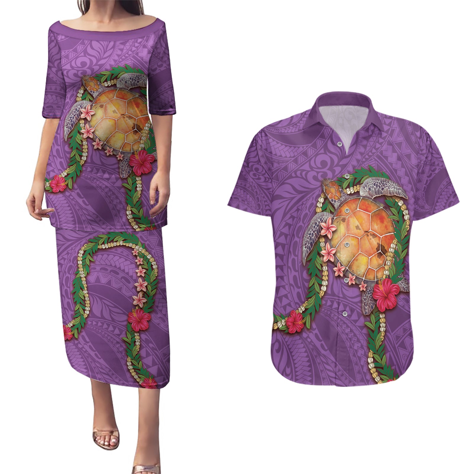 Hawaii Pikake and Maile Lei Couples Matching Puletasi and Hawaiian Shirt Honu Polynesian Pattern Pink Color