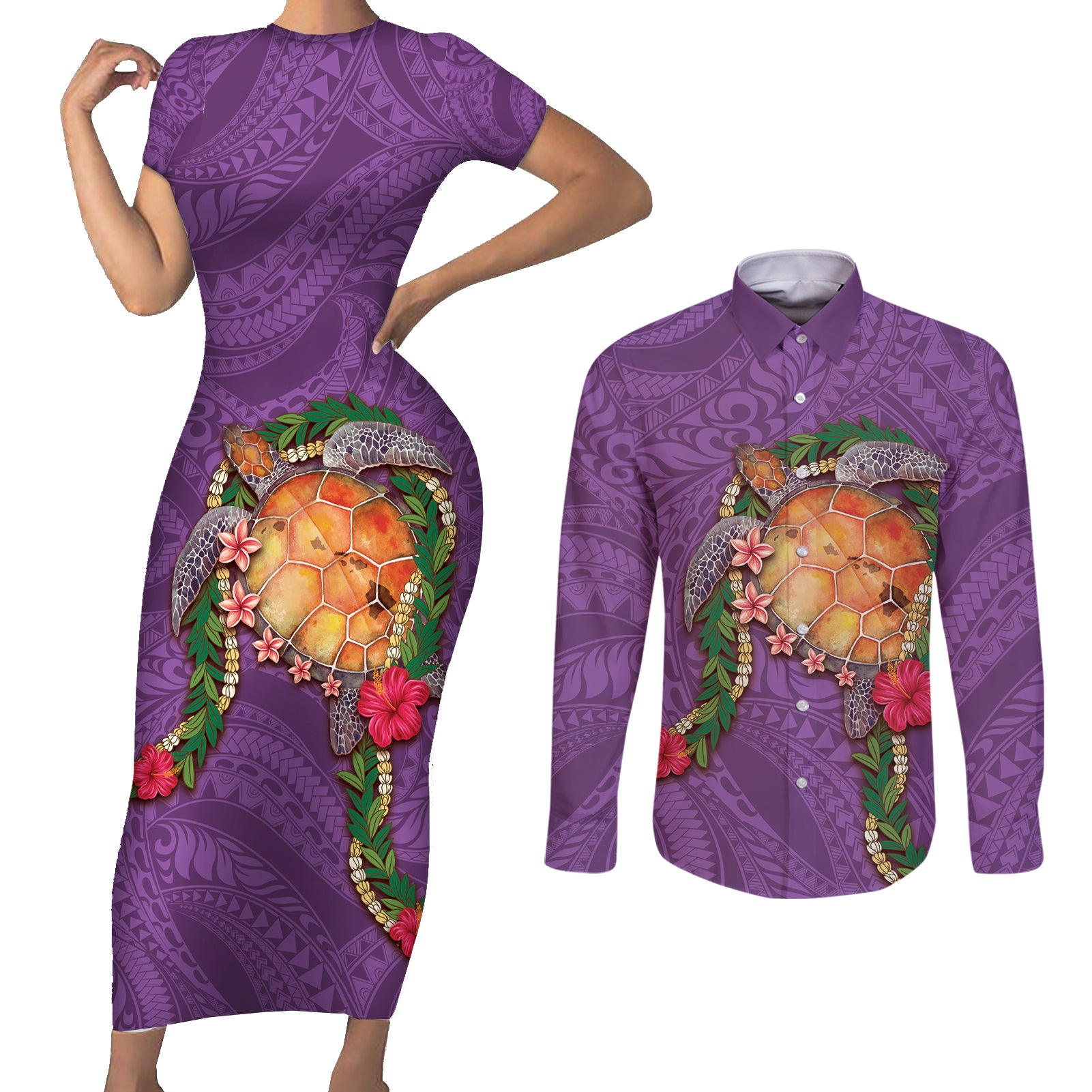Hawaii Pikake and Maile Lei Couples Matching Short Sleeve Bodycon Dress and Long Sleeve Button Shirt Honu Polynesian Pattern Pink Color