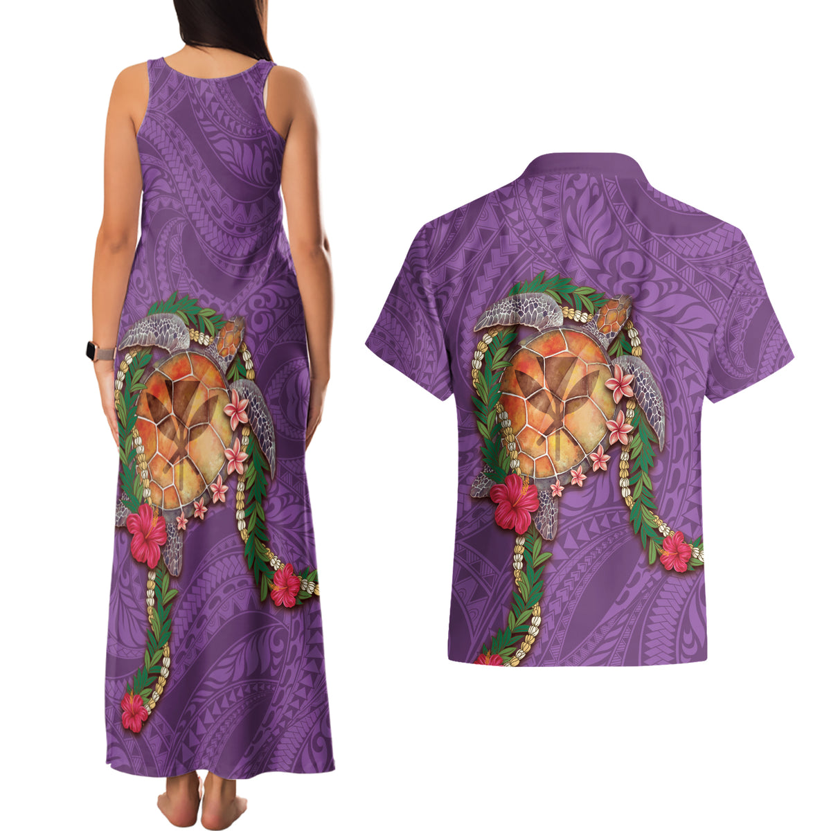 Hawaii Pikake and Maile Lei Couples Matching Tank Maxi Dress and Hawaiian Shirt Honu Polynesian Pattern Pink Color LT03 - Polynesian Pride