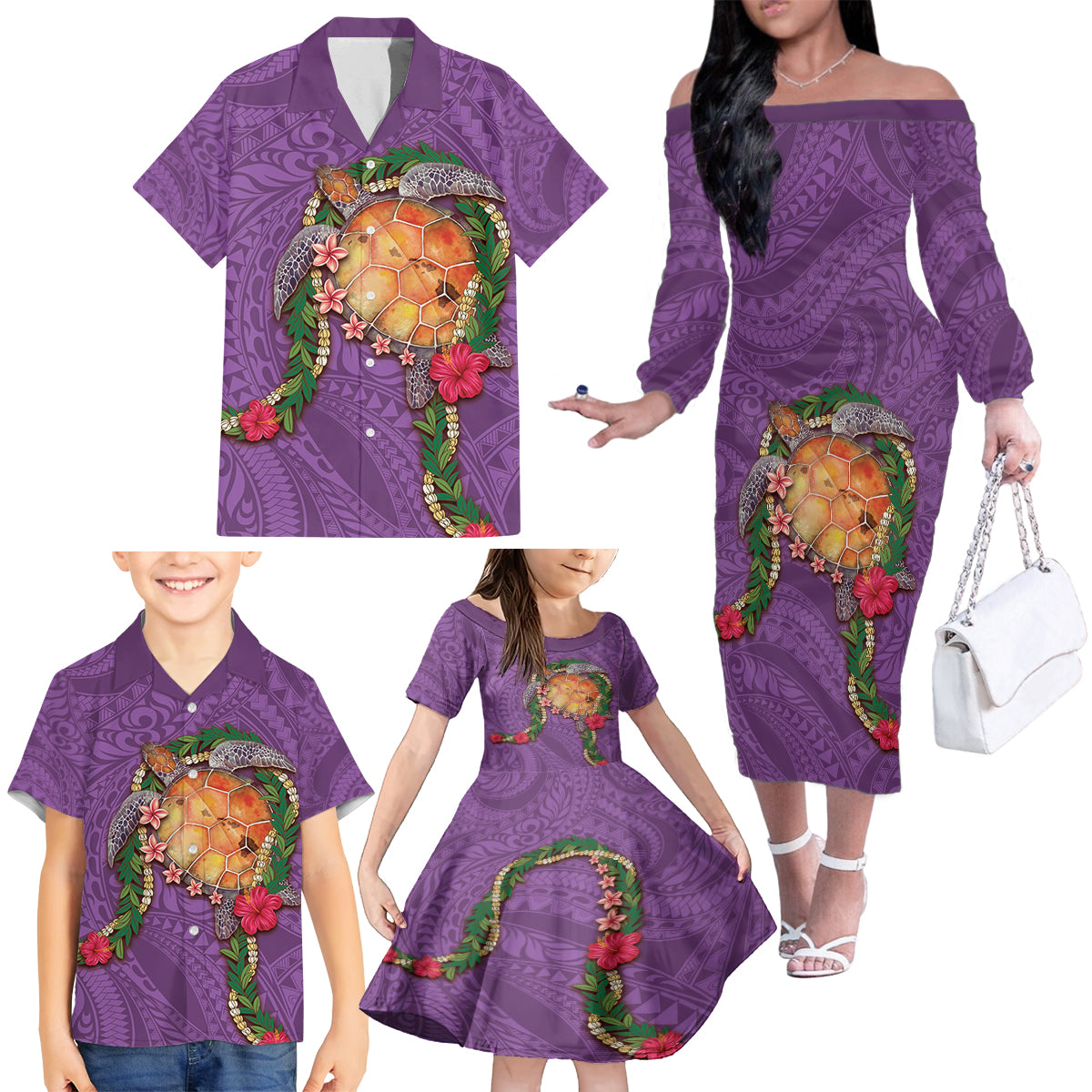 Hawaii Pikake and Maile Lei Family Matching Off The Shoulder Long Sleeve Dress and Hawaiian Shirt Honu Polynesian Pattern Pink Color LT03 - Polynesian Pride