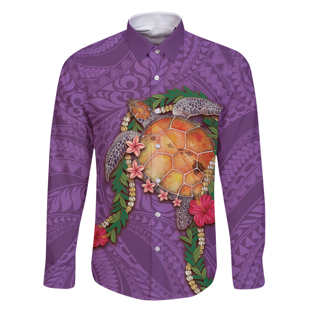 Hawaii Pikake and Maile Lei Family Matching Off Shoulder Short Dress and Hawaiian Shirt Honu Polynesian Pattern Pink Color LT03 Dad's Shirt - Long Sleeve Pink - Polynesian Pride