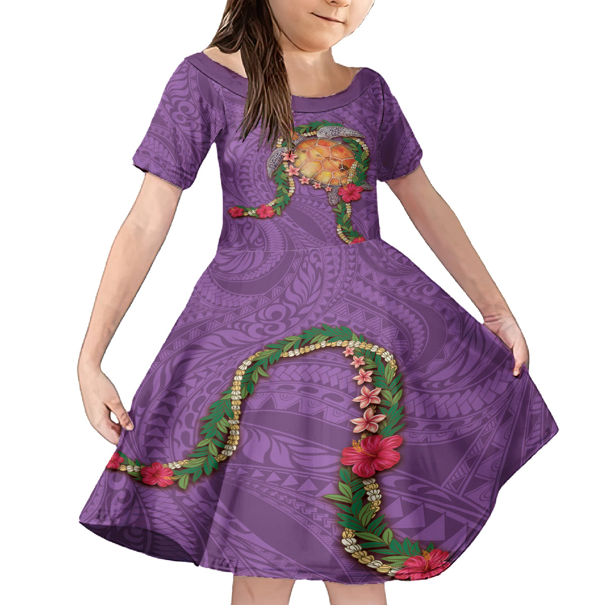 Hawaii Pikake and Maile Lei Kid Short Sleeve Dress Honu Polynesian Pattern Pink Color