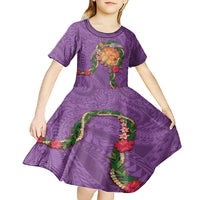 Hawaii Pikake and Maile Lei Kid Short Sleeve Dress Honu Polynesian Pattern Pink Color