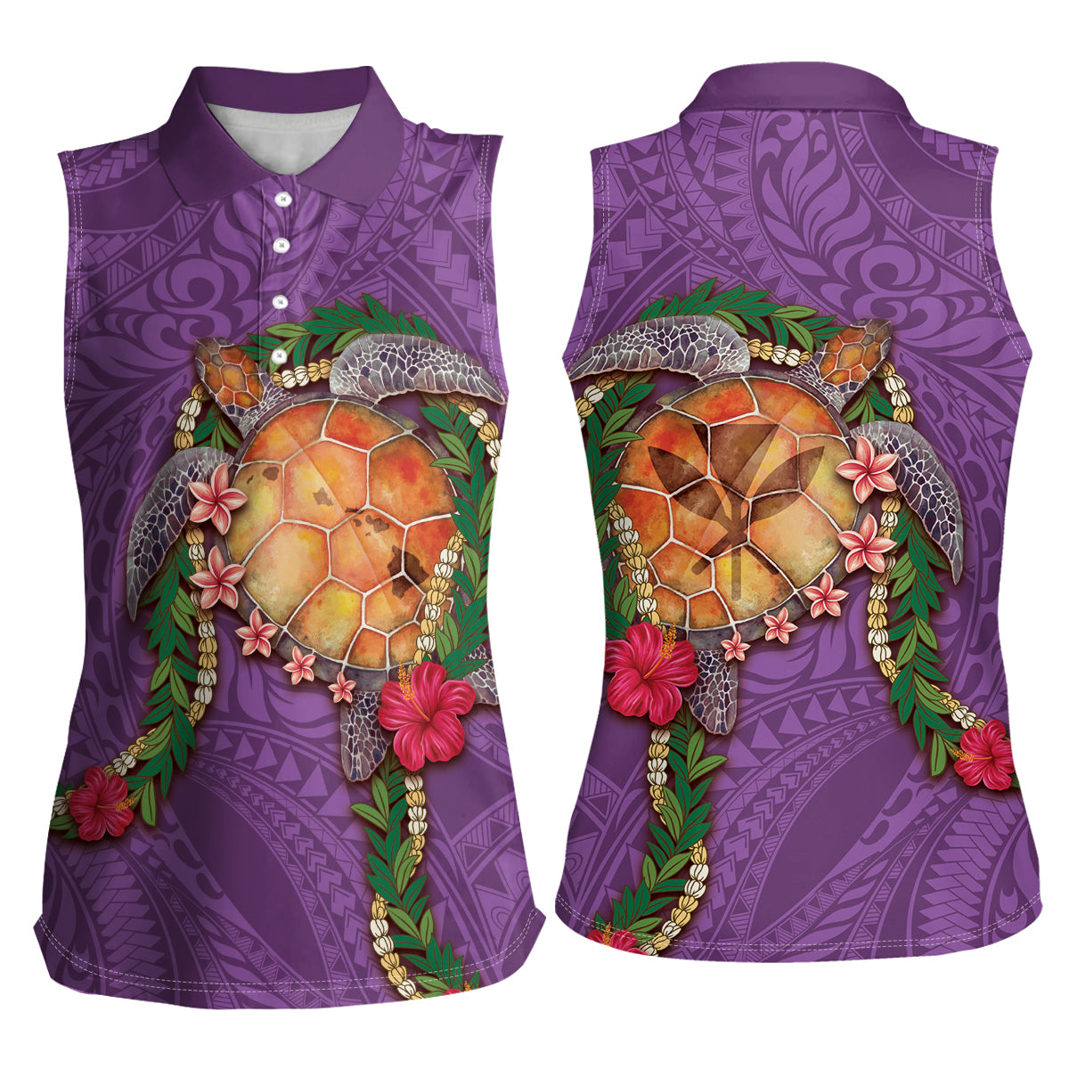 Hawaii Pikake and Maile Lei Women Sleeveless Polo Shirt Honu Polynesian Pattern Pink Color