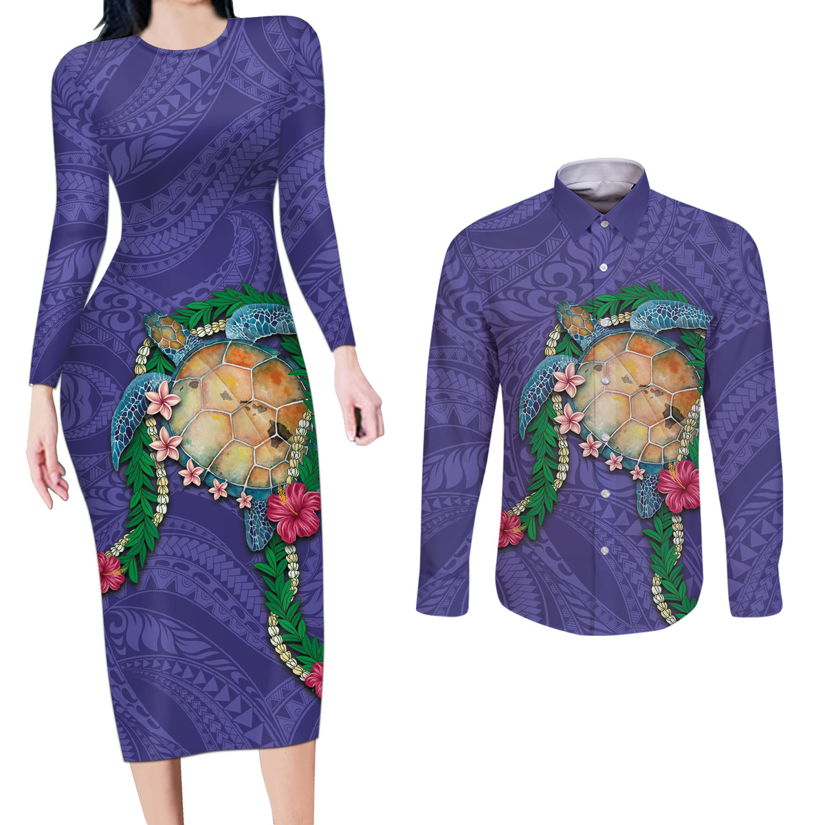 Hawaii Pikake and Maile Lei Couples Matching Long Sleeve Bodycon Dress and Long Sleeve Button Shirt Honu Polynesian Pattern Purple Color LT03 Purple - Polynesian Pride