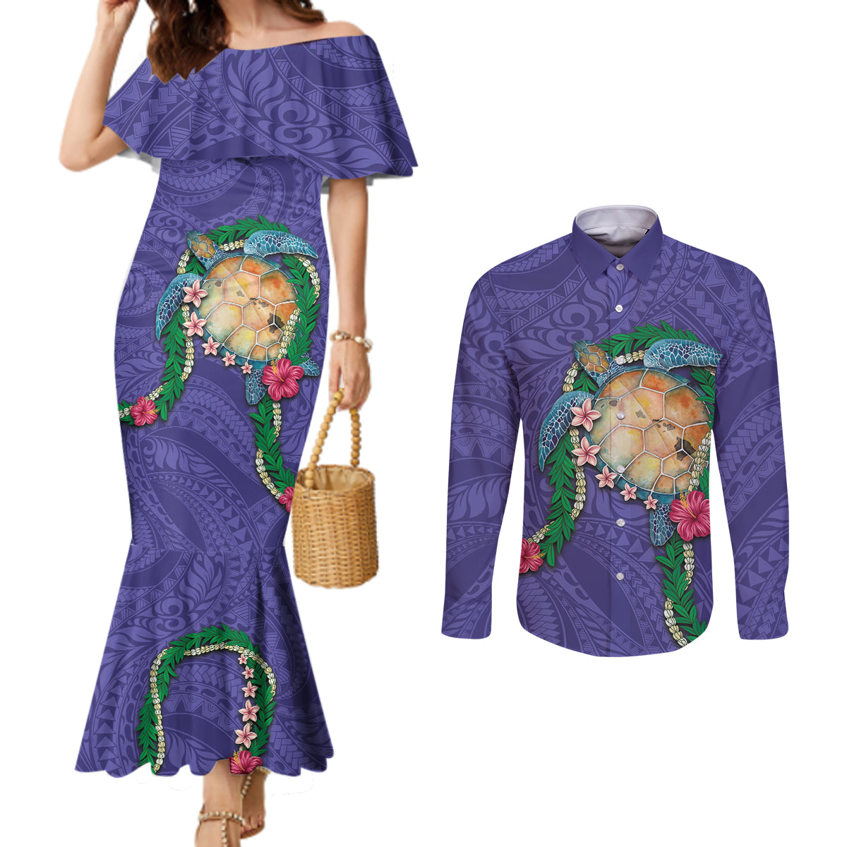 Hawaii Pikake and Maile Lei Couples Matching Mermaid Dress and Long Sleeve Button Shirt Honu Polynesian Pattern Purple Color