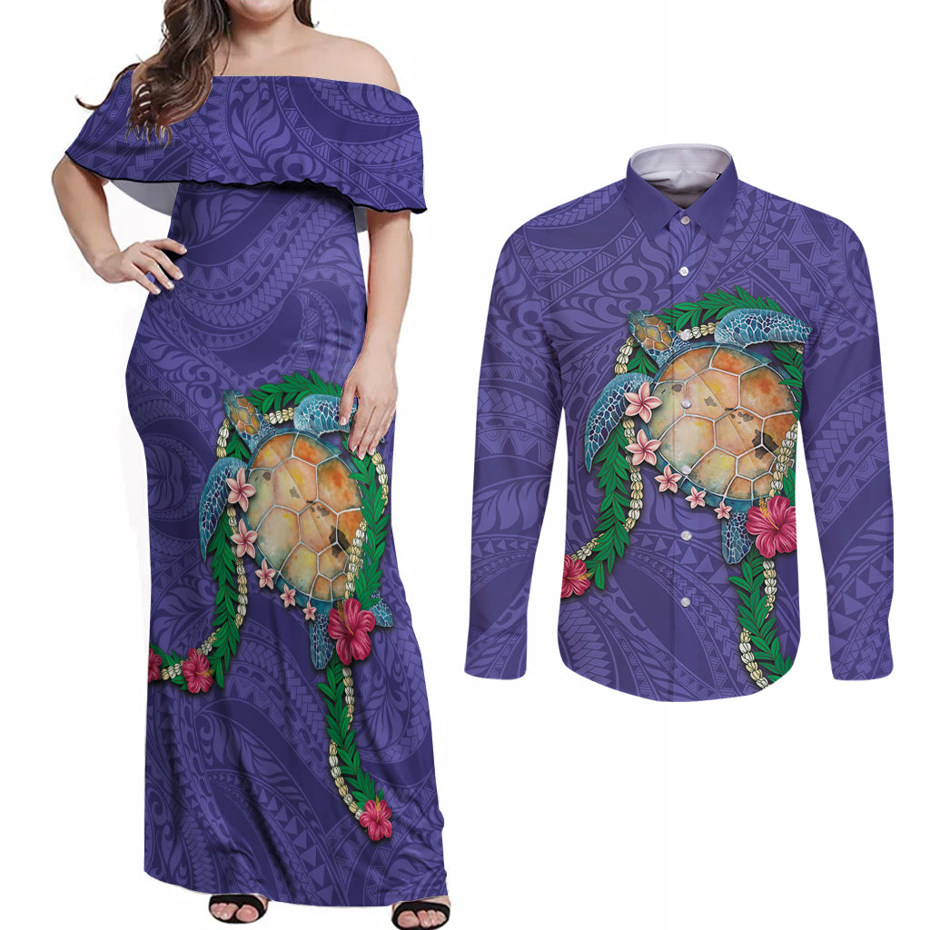 Hawaii Pikake and Maile Lei Couples Matching Off Shoulder Maxi Dress and Long Sleeve Button Shirt Honu Polynesian Pattern Purple Color