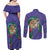 Hawaii Pikake and Maile Lei Couples Matching Off Shoulder Maxi Dress and Long Sleeve Button Shirt Honu Polynesian Pattern Purple Color