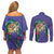 Hawaii Pikake and Maile Lei Couples Matching Off Shoulder Short Dress and Long Sleeve Button Shirt Honu Polynesian Pattern Purple Color
