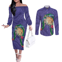 Hawaii Pikake and Maile Lei Couples Matching Off The Shoulder Long Sleeve Dress and Long Sleeve Button Shirt Honu Polynesian Pattern Purple Color LT03 Purple - Polynesian Pride