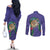 Hawaii Pikake and Maile Lei Couples Matching Off The Shoulder Long Sleeve Dress and Long Sleeve Button Shirt Honu Polynesian Pattern Purple Color