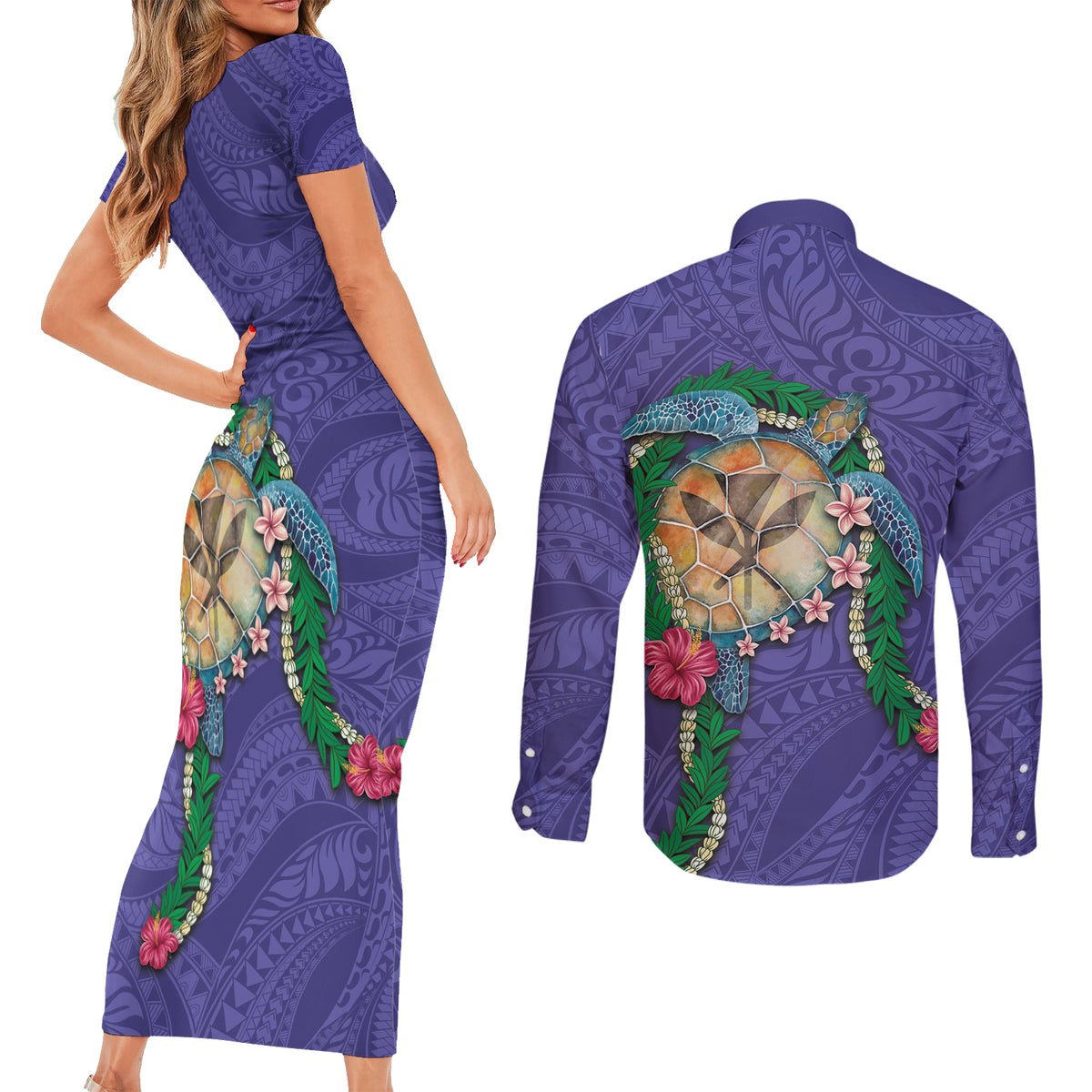 Hawaii Pikake and Maile Lei Couples Matching Short Sleeve Bodycon Dress and Long Sleeve Button Shirt Honu Polynesian Pattern Purple Color LT03 - Polynesian Pride