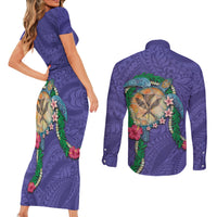Hawaii Pikake and Maile Lei Couples Matching Short Sleeve Bodycon Dress and Long Sleeve Button Shirt Honu Polynesian Pattern Purple Color LT03 - Polynesian Pride