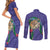 Hawaii Pikake and Maile Lei Couples Matching Short Sleeve Bodycon Dress and Long Sleeve Button Shirt Honu Polynesian Pattern Purple Color