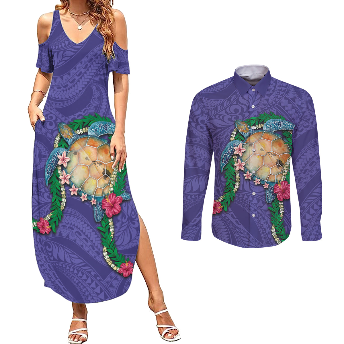 Hawaii Pikake and Maile Lei Couples Matching Summer Maxi Dress and Long Sleeve Button Shirt Honu Polynesian Pattern Purple Color