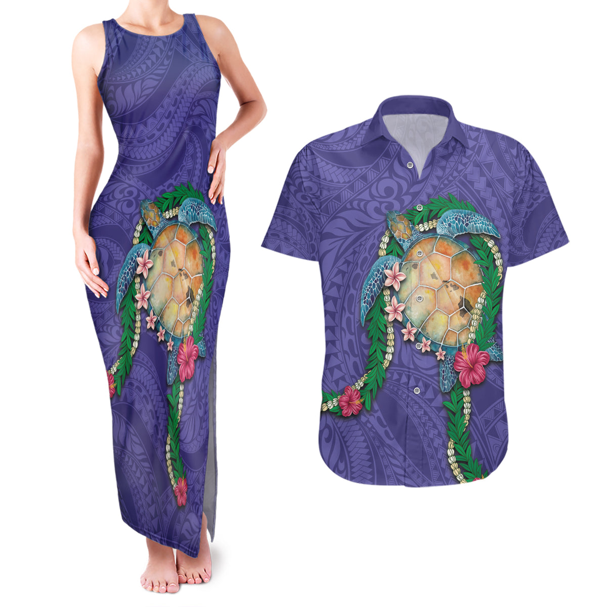 Hawaii Pikake and Maile Lei Couples Matching Tank Maxi Dress and Hawaiian Shirt Honu Polynesian Pattern Purple Color LT03 Purple - Polynesian Pride