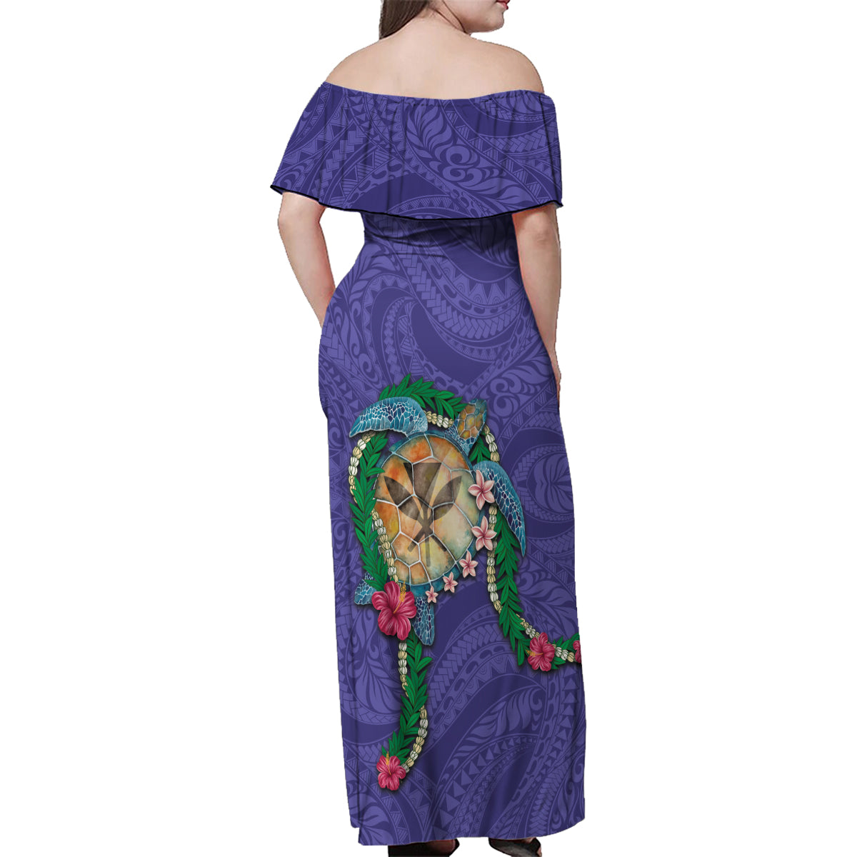 Hawaii Pikake and Maile Lei Family Matching Off Shoulder Maxi Dress and Hawaiian Shirt Honu Polynesian Pattern Purple Color