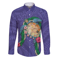 Hawaii Pikake and Maile Lei Family Matching Off Shoulder Short Dress and Hawaiian Shirt Honu Polynesian Pattern Purple Color LT03 Dad's Shirt - Long Sleeve Purple - Polynesian Pride