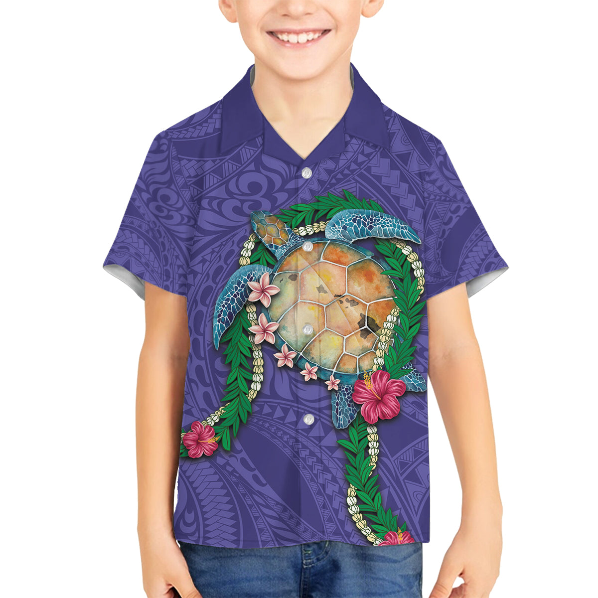 Hawaii Pikake and Maile Lei Family Matching Off Shoulder Short Dress and Hawaiian Shirt Honu Polynesian Pattern Purple Color LT03 Son's Shirt Purple - Polynesian Pride